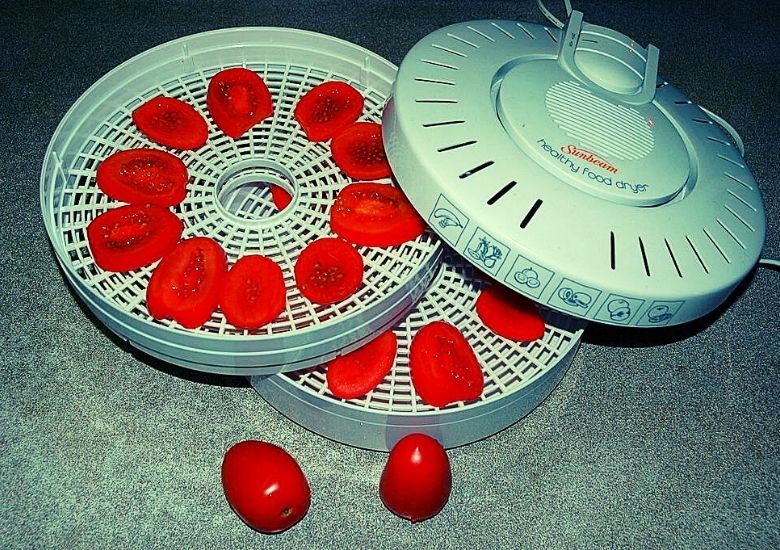 dehydrator taken apart with tomatoes inside