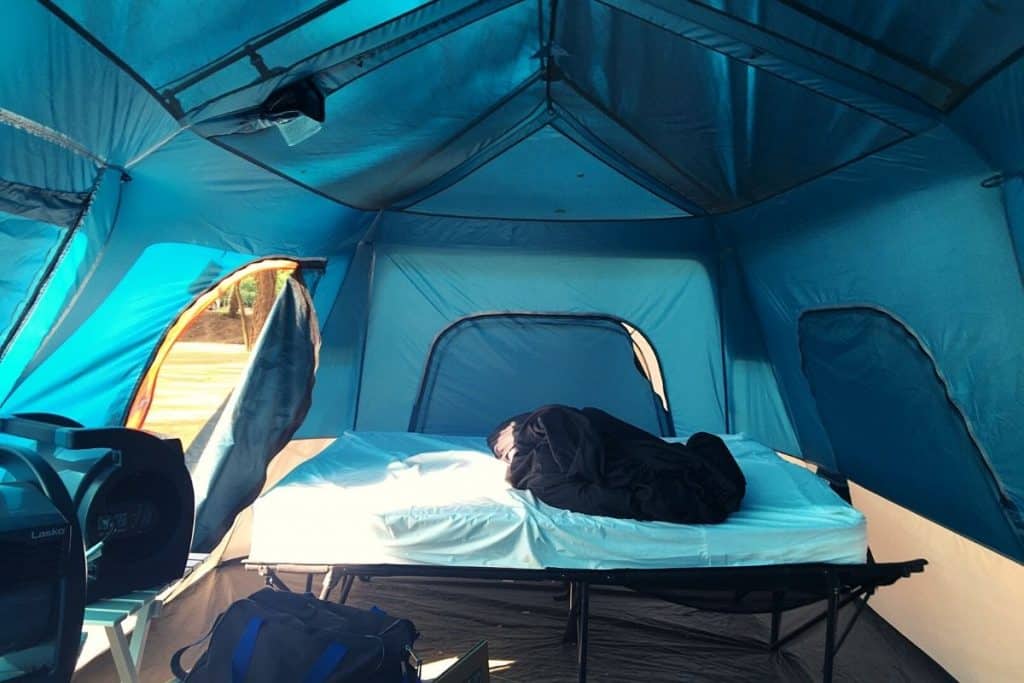Double camping cot for bad backs in tent